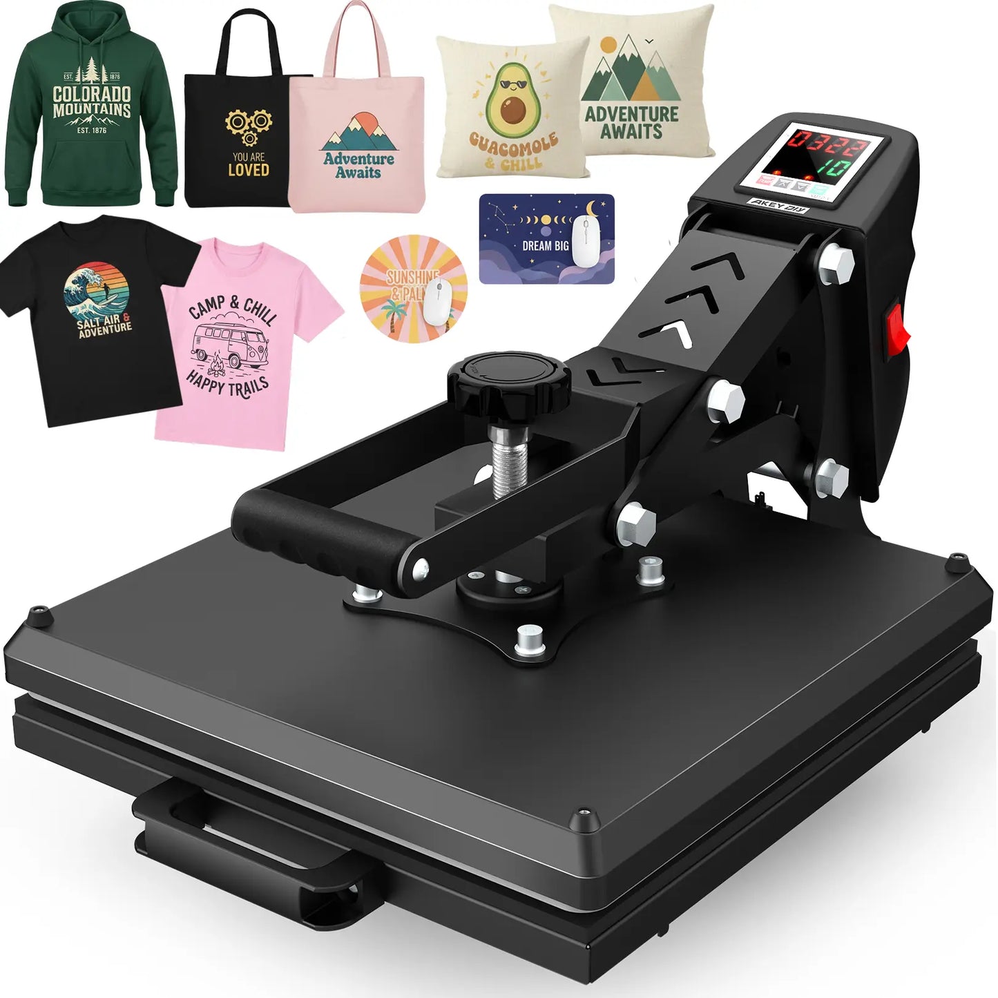 AKEYDIY 15''X15'' Slide‑Out Heat Press Machine, Pink Industrial Clamshell Sublimation Heat Transfer Press with Digital Temperature Control, Ideal for T‑Shirts, Hoodies, Pillows, Canvas Bags, Mouse Pads, Beginner‑Friendly, Summervibes