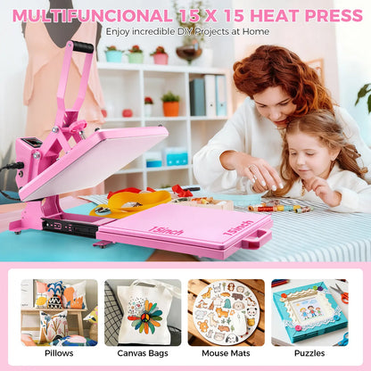 AKEYDIY 15''X15'' Slide‑Out Heat Press Machine, Pink Industrial Clamshell Sublimation Heat Transfer Press with Digital Temperature Control, Ideal for T‑Shirts, Hoodies, Pillows, Canvas Bags, Mouse Pads, Beginner‑Friendly, Summervibes
