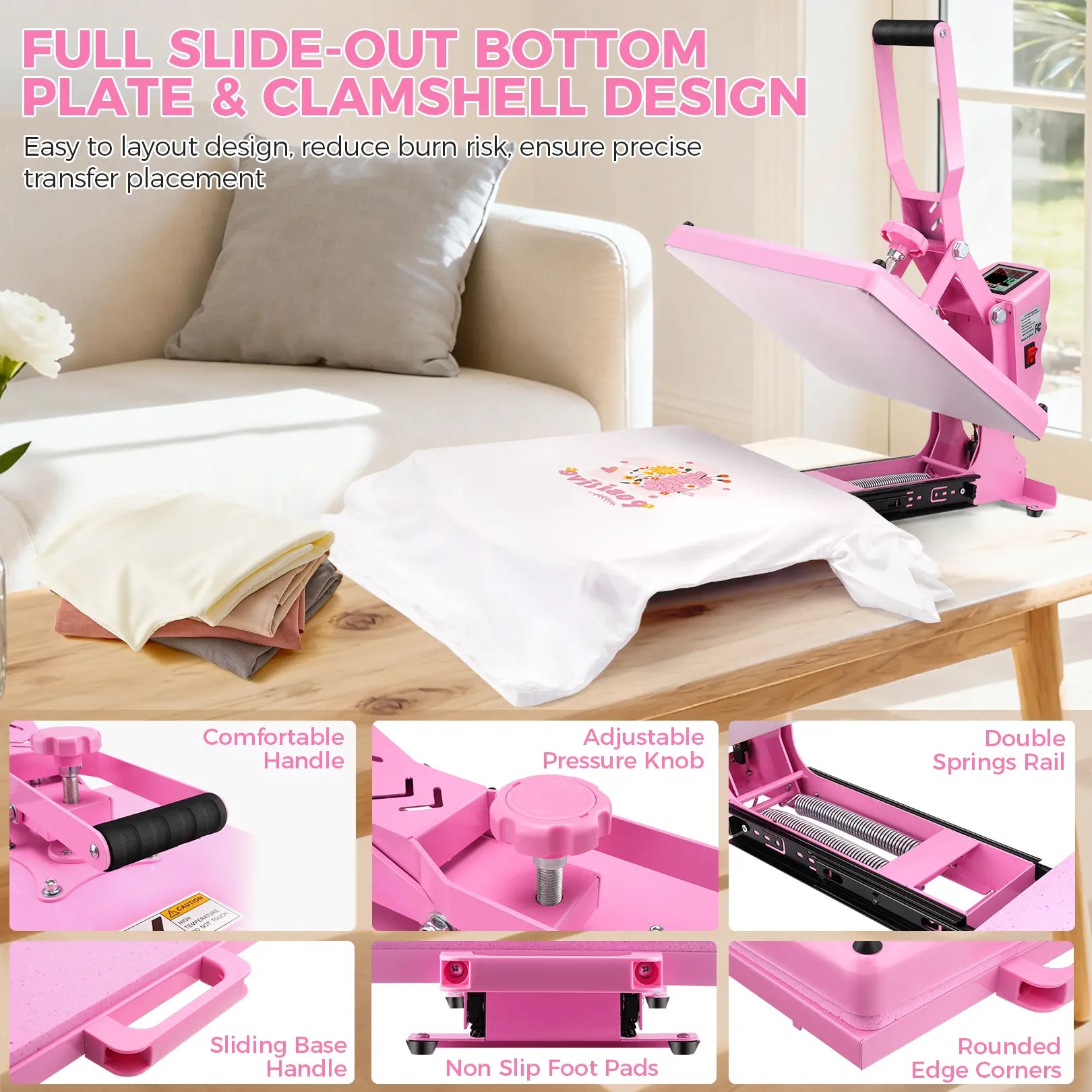 AKEYDIY 15''X15'' Slide‑Out Heat Press Machine, Pink Industrial Clamshell Sublimation Heat Transfer Press with Digital Temperature Control, Ideal for T‑Shirts, Hoodies, Pillows, Canvas Bags, Mouse Pads, Beginner‑Friendly, Summervibes
