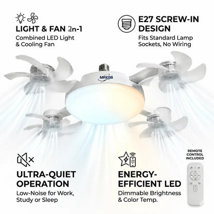 MREGB 2026 New Socket Fan Light, Screw-In Ceiling Fan with Light and Remote Control, 2-In-1 E27 Dimmable LED Small Light Bulb Fan, Ultra-Quiet Energy-Saving Cooling Fan for Bedroom, Kitchen, Garage