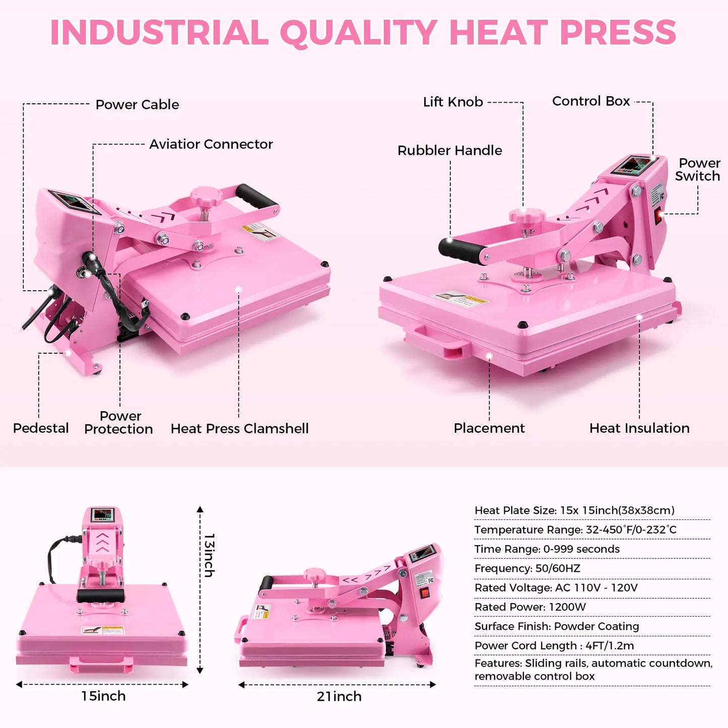 AKEYDIY 15''X15'' Slide‑Out Heat Press Machine, Pink Industrial Clamshell Sublimation Heat Transfer Press with Digital Temperature Control, Ideal for T‑Shirts, Hoodies, Pillows, Canvas Bags, Mouse Pads, Beginner‑Friendly, Summervibes