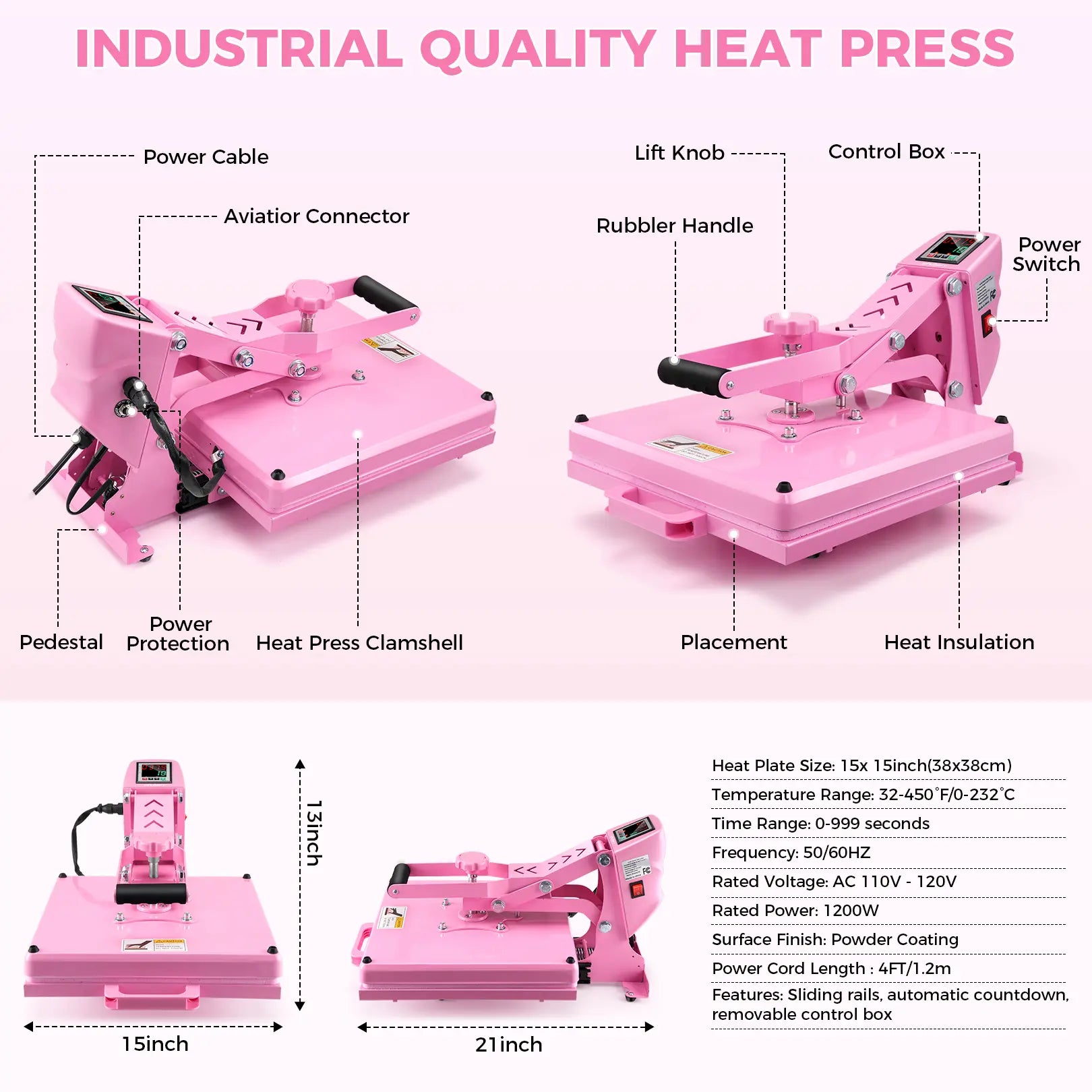 AKEYDIY 15''X15'' Slide‑Out Heat Press Machine, Pink Industrial Clamshell Sublimation Heat Transfer Press with Digital Temperature Control, Ideal for T‑Shirts, Hoodies, Pillows, Canvas Bags, Mouse Pads, Beginner‑Friendly, Summervibes