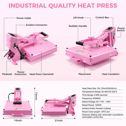 AKEYDIY 15''X15'' Slide‑Out Heat Press Machine, Pink Industrial Clamshell Sublimation Heat Transfer Press with Digital Temperature Control, Ideal for T‑Shirts, Hoodies, Pillows, Canvas Bags, Mouse Pads, Beginner‑Friendly, Summervibes