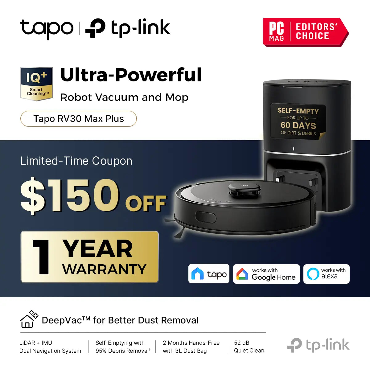 Tp-Link & Tapo RV30 MAX Plus: Lidar Robot Vacuum & Mop with Auto-Empty Dock, 5300Pa,Smart Mapping, Voice Control, 97%+ Dust Pickup, 3L Dust Bag, 2 Months Hands-Free Cleaning #Summerwins #Dealsforyoudays