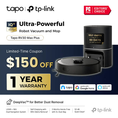 Tp-Link & Tapo RV30 MAX Plus: Lidar Robot Vacuum & Mop with Auto-Empty Dock, 5300Pa,Smart Mapping, Voice Control, 97%+ Dust Pickup, 3L Dust Bag, 2 Months Hands-Free Cleaning #Summerwins #Dealsforyoudays