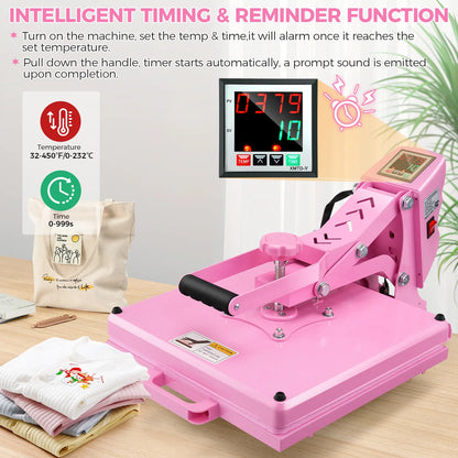 AKEYDIY 15''X15'' Slide‑Out Heat Press Machine, Pink Industrial Clamshell Sublimation Heat Transfer Press with Digital Temperature Control, Ideal for T‑Shirts, Hoodies, Pillows, Canvas Bags, Mouse Pads, Beginner‑Friendly, Summervibes