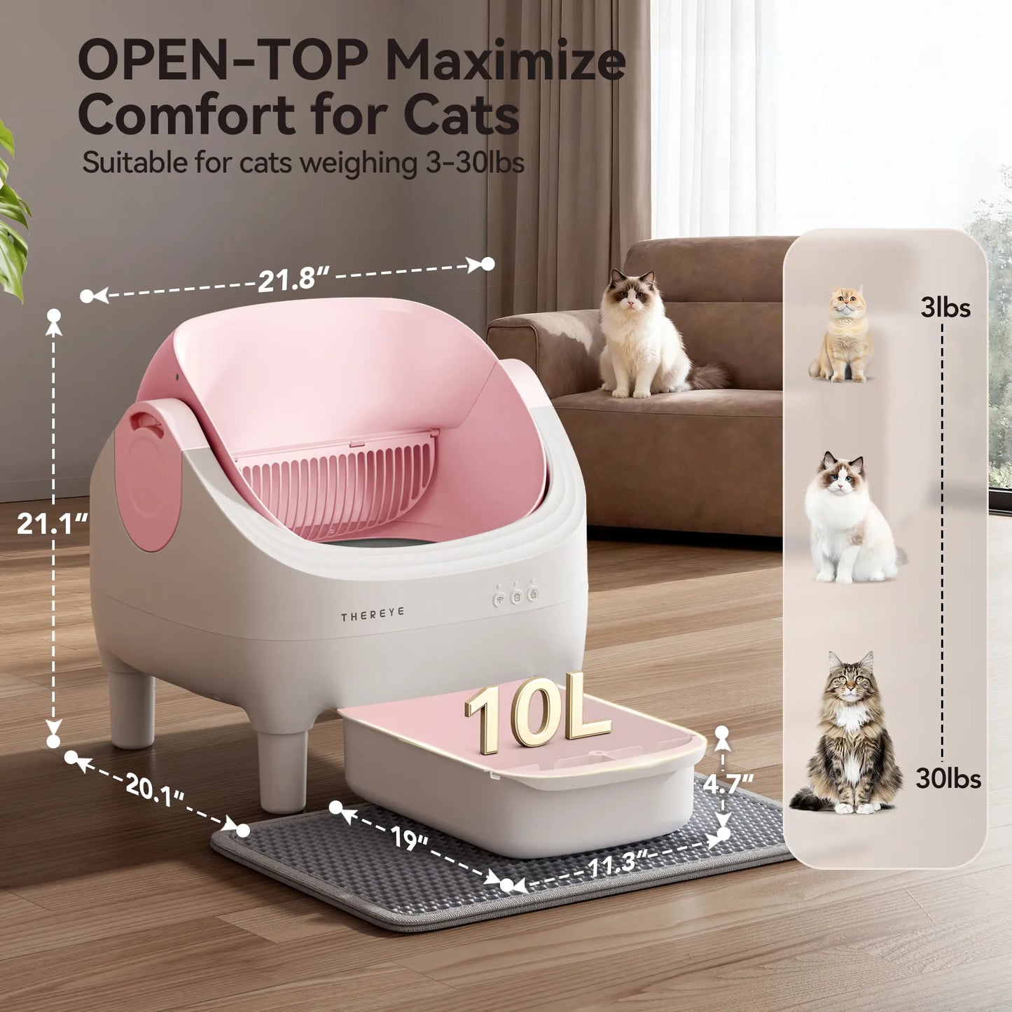 Thereye Open-Top Self-Cleaning Cat Litter Box with App Control Wifi Odor-Free Waste Disposal Includes Trash Bags 10L Capacity for Kittens Weighing from 3 to 30 Pounds.#Summervibes #Petlovers