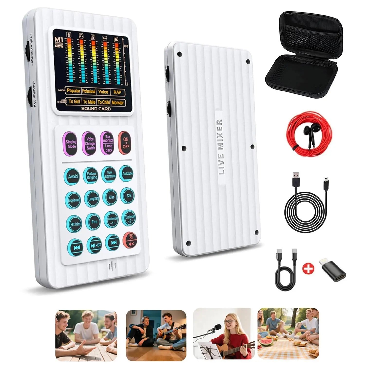 Handheld Live Sound Card Smart Podacsting Audio Mixer/Console, Outdoor Portable Live Streaming,With Smartphone Bluetooth Live Sound Card Kit with Microphone/Headphones Multi-Function Voice Changer Singing, Recording,Gaming,Youtube,Live Broadcast