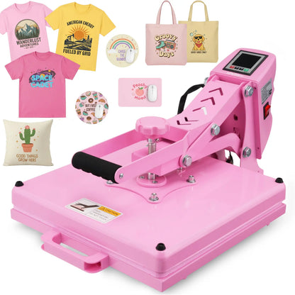 AKEYDIY 15''X15'' Slide‑Out Heat Press Machine, Pink Industrial Clamshell Sublimation Heat Transfer Press with Digital Temperature Control, Ideal for T‑Shirts, Hoodies, Pillows, Canvas Bags, Mouse Pads, Beginner‑Friendly, Summervibes